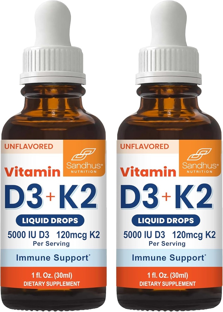 Sandhu's Vitamin D3 K2 Gocce per adulti | 5000 IU D3 Liquido, 120mcg K2 Supplemento 1 Fl Oz (Pacchetto di 2) Supporto D3K2 Assorbimento Superiore, Energia, Immune, Salute Muscolare per Uomini e Donne