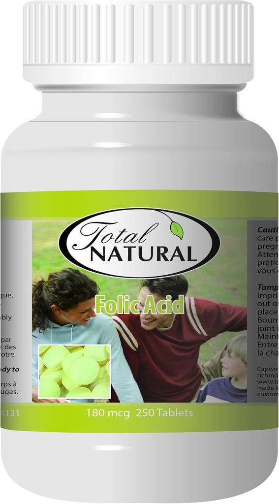 Acido folico 180mcg 250t [1 Bottiglia] di Total Natural, Buono per le donne incinte, Sviluppo sano delle cellule del sangue rosso