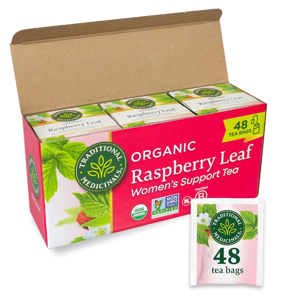 Tè di Medicinali Tradizionali, Foglia di lampone Organico, Facili Crampe mestruali, Supporta una gravidanza sana, 48 Borse di tè (3 Pack)