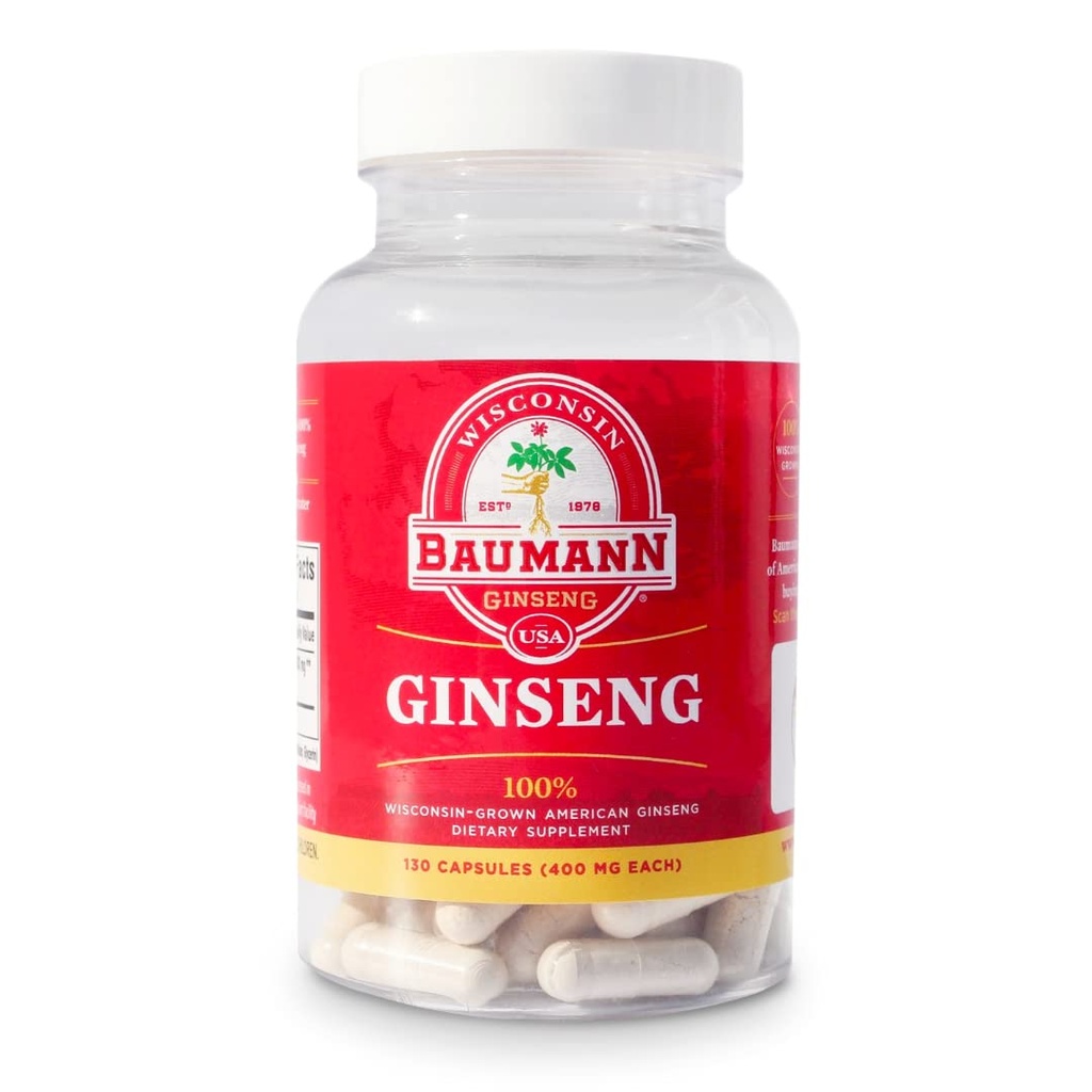 Baumann Wisconsin Ginseng Capsule 130 pillole 400 mg – Polvere di estratto di radice di Ginseng americana pura in ogni pillole - 100% naturale Panax Ginseng Supplemento per supporto immunitario, messa a fuoco ed energia