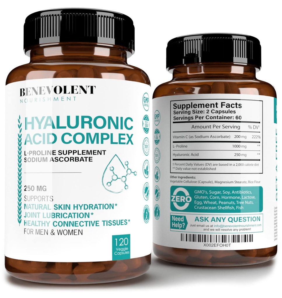Integratori di acido ialuronico 250mg con vitamina C 200mg, 1000mg L-Proline & Anti-invecchiamento benefici, capsule di acido ialuronico per la pelle giovanile, articolazioni & salute del tessuto connettivo - 120 capsule