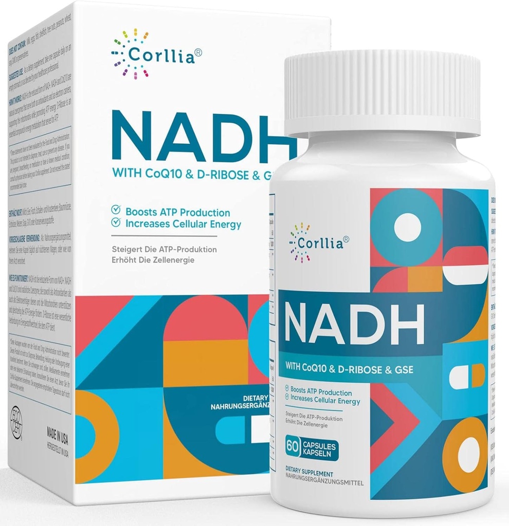 NADH + CoQ10 + Supplemento D-Ribose, Migliorare NAD+ Integratore per Energia, Fatigue , 60 capsule