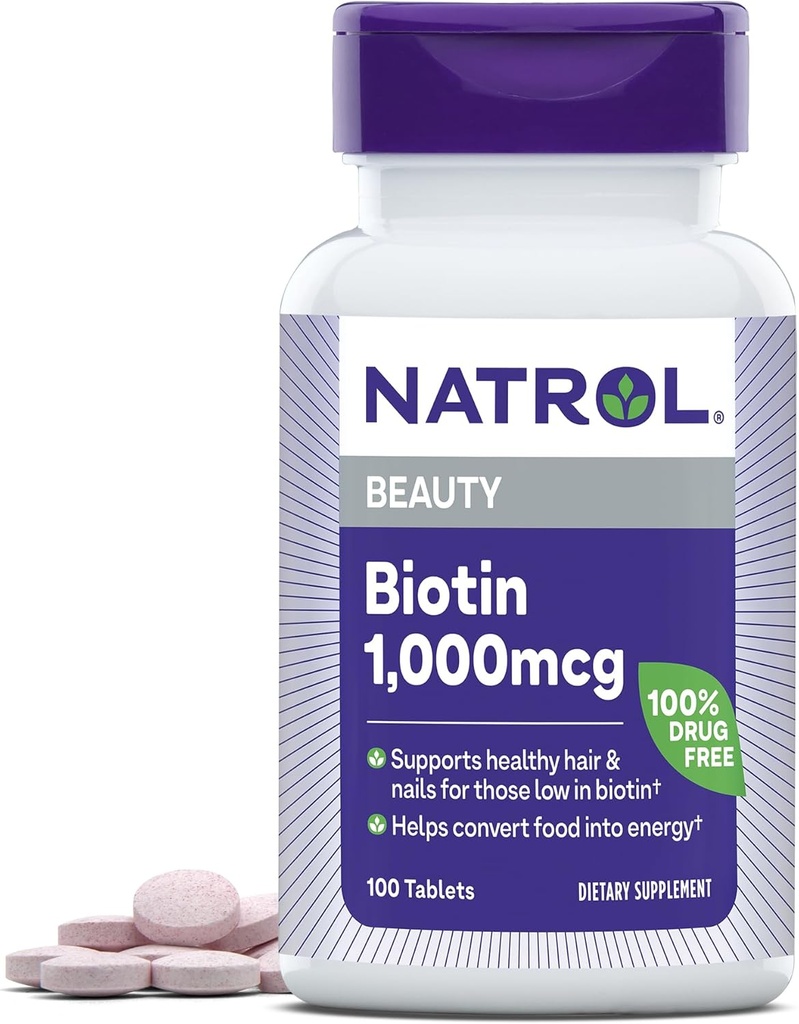 Natrol Beauty Biotin 1000mcg, Integratore alimentare per Capelli Sani, Pelle, Unghie e Metabolismo Energetico, 100 compresse, 100 giorni di alimentazione (Pack of 12)