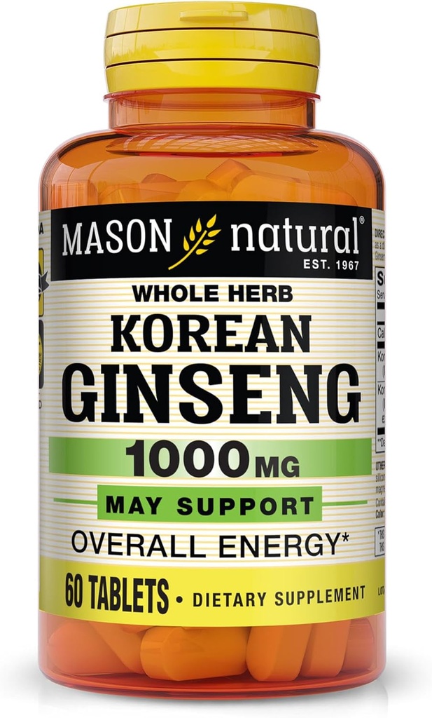 MASON NATURAL Korean Ginseng 1.000 mg, Supporta energia, resistenza e vitalità, 60 compresse