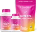 Bundle di gravidanza della cicogna rosa: vitamina prenatale con DHA & Folate, Probiotici prenatali per le donne incinte, tè senza melatonina, gravidanza deve avere per ogni trimestre, set di 3