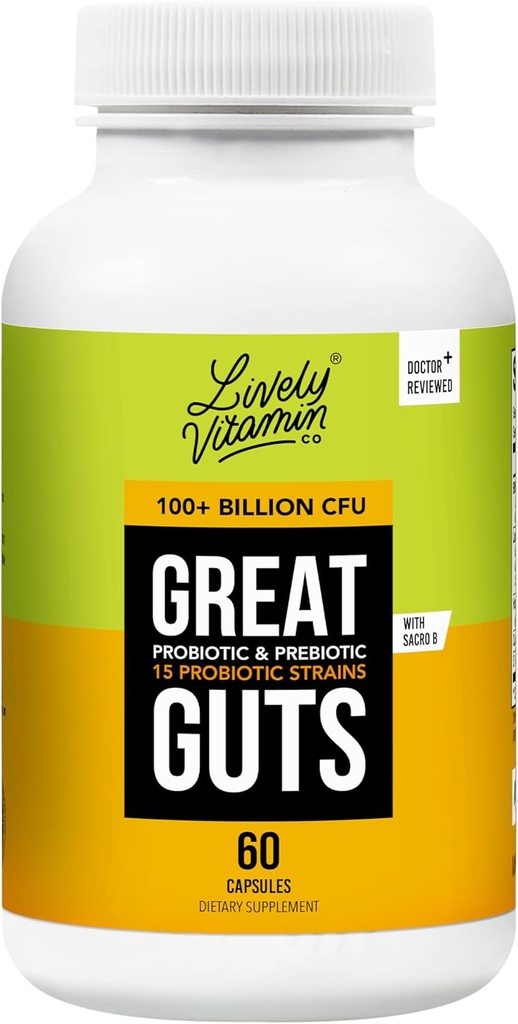 LIVELY VITAMINA CO. Great Guts Probiotic - 100 miliardi di CFU Probiotici - Balance Gut Microbiome, GI Tract, Inflammation, Indigestione, Reflux, Upset Stomach, & Diarrea - 60 Caps