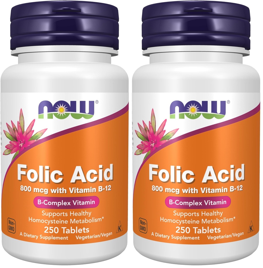 NOW Integratori, Acido Folico 800 mcg + B-12 (Cyanocobalamin) 25 mcg, Vitamina B Complex, 250 compresse (Pacchetto di 2)