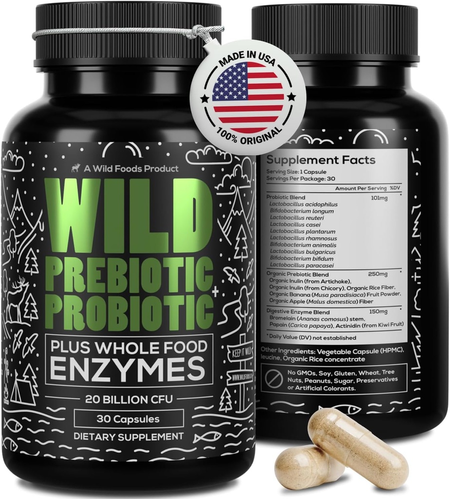 Wild Prebiotics and Probiotics with Digestive Enzymes | 20 miliardi di CFU - 10 Strains for Women & Men | Support Gut Health & Digestion Supplements | Fibra Prebiotica Non OGM | 30 Capsule