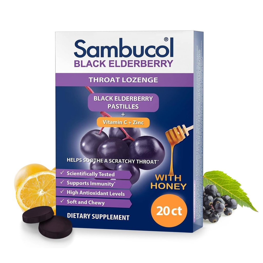 Sambucol Black Elderberry Throat Lozenge - Sambucus Lozenges Elderberry Con Vitamina C, Zinc & Honey, Aiuta Soothe a Scratchy Throat, Antiossidanti alti, Senza glutine - 20 Conte