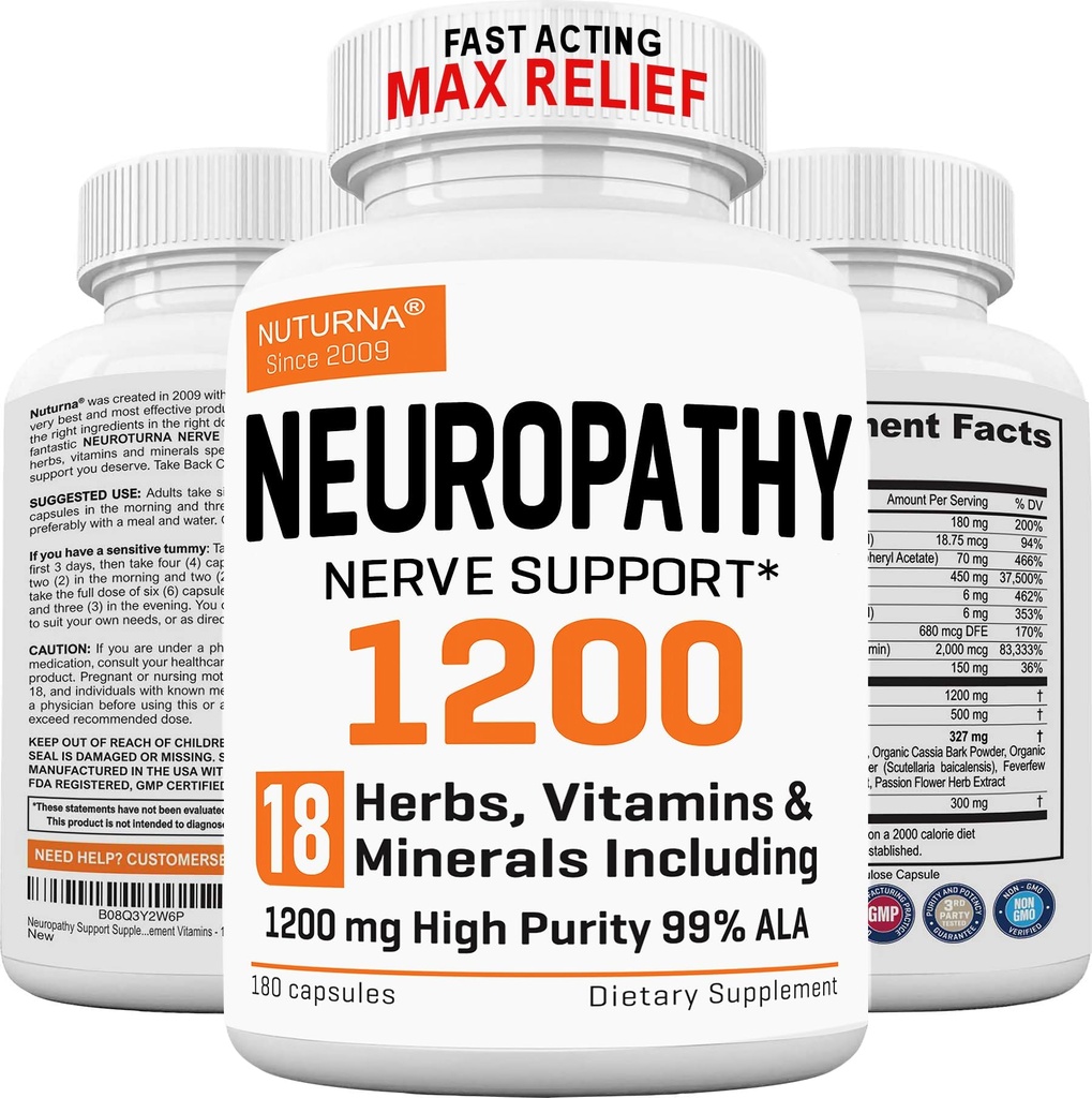 Integratore di supporto neuropatia con 1200 mg HP-99 Acido alfa lipoico - Formula di Nerve Max Strength ALA per le gambe delle mani dei piedi - Ultra Potente 18 in 1 Vitamine naturali di Nerve - 180 capsule