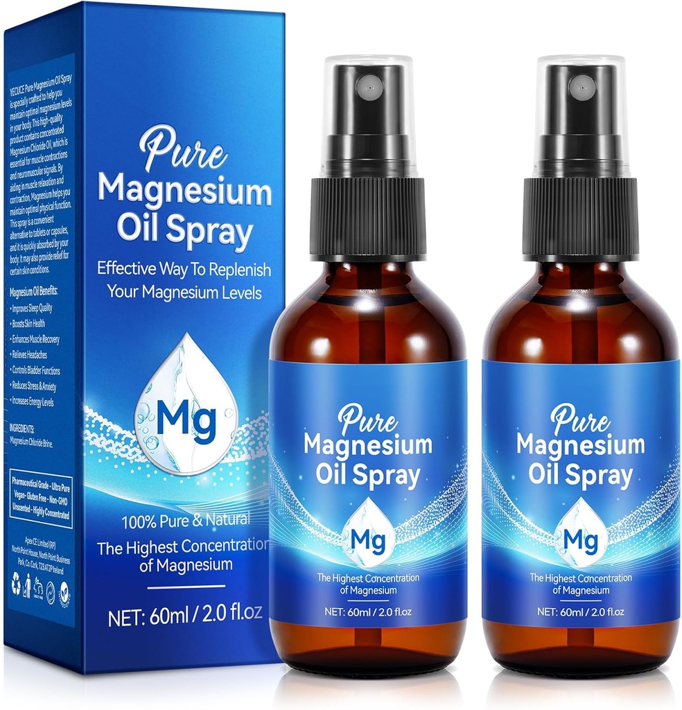 2Pack Pure Magnesium Spray olio, Topical Magnesium Spray Glass Bottiglia, Organic Magnesium Spray per Piedi, Nourish The Skin, Unclog Pores, Alleviate Hair Loss, 4 fl oz