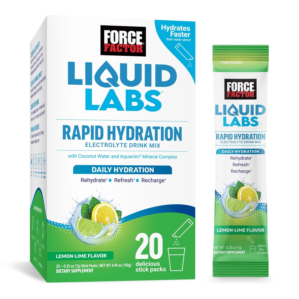 FORCE FACTOR Liquid Labs Electrolytes Powder Packets—Lemon Lime—Hydration Packets to Make Electrolyte Water with 5 Essential Electrolytes, Vitamins, Minerals and Antioxidants, 20 Stick Packs
