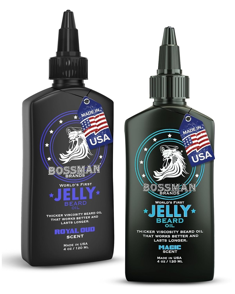 Bossman Jelly Beard olio per gli uomini Bundle | 2 Pack, 8 oz (Magic + Royal Oud Scents) | Softens, idrata e condizioni con ingredienti naturali – Made in USA