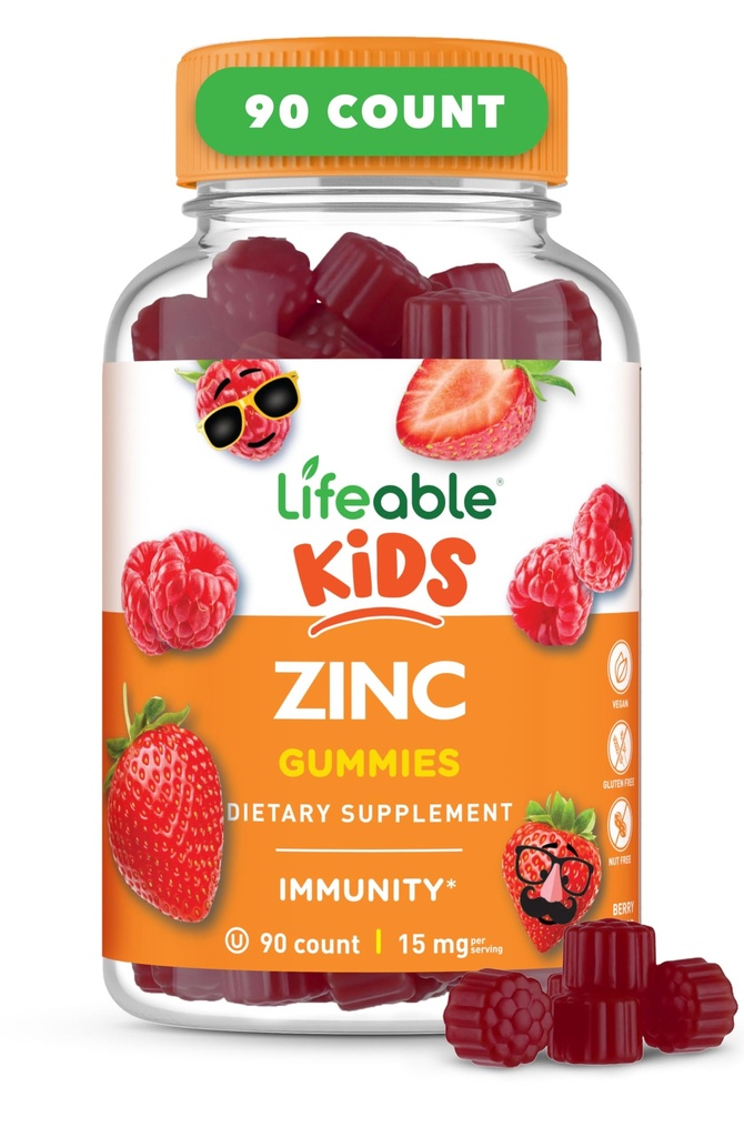 Gummie di zinco vitali per bambini |15mg | Grandi Tasting bambini Integratori di zinco | GMO Vitamine di zinco vegetariane gratuite | per la pelle sana e supporto immunitario per bambini e bambini | 90 Gummies