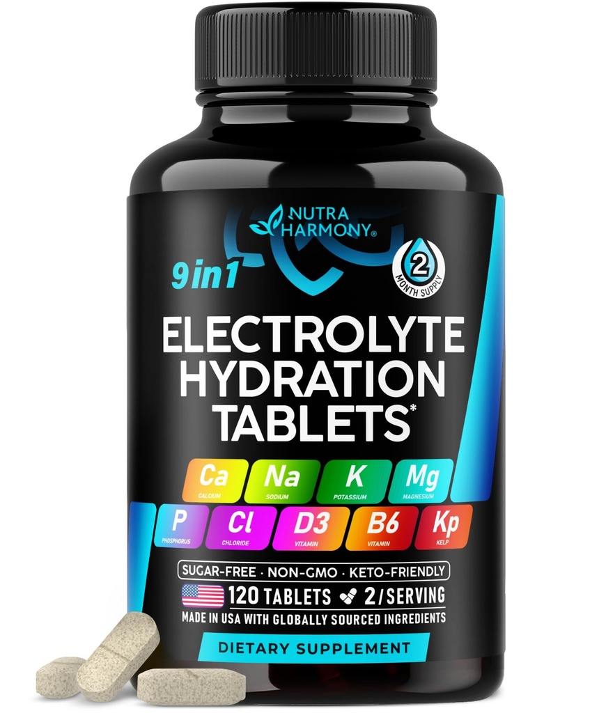 Elettroliti - Compresse elettrolitiche con magnesio, sodio, potassio, cloruro, vitamine D3 e B6, polvere di Kelp - Pillole di sale - Made in USA - Compresse orali - Vegan & Keto Friendly - 120 Tabelle