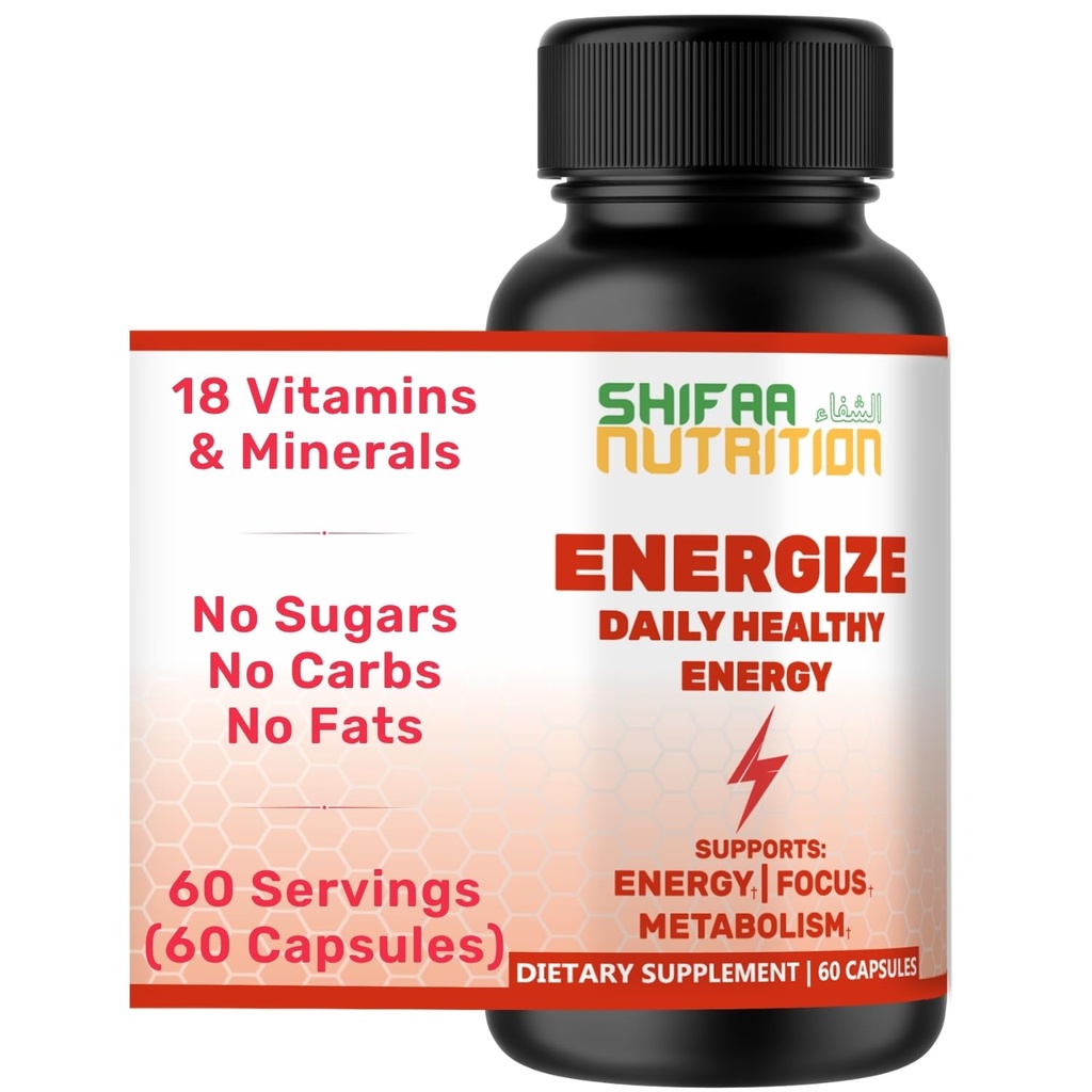 SHIFAA NUTRITION Energize, Vitamine Natural Daily Energy | Jitter-Free, 60 Serve | Supporti Focus, Mood, Cervello, Metabolismo | w/Caffeine & Taurine, B1, B2, B5, B6, B7, B9, B12 Vitamine Halal