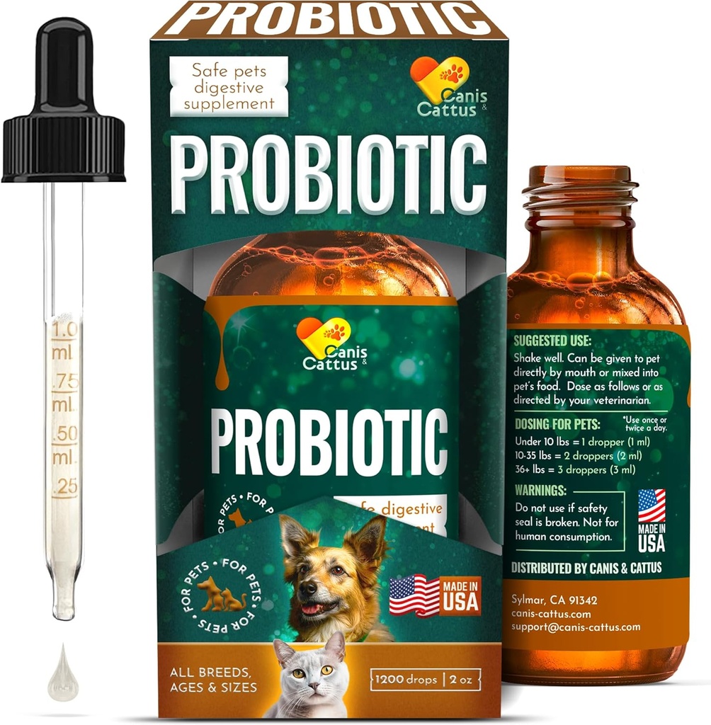 Probiotici Canis&Cattus per gatti – Probiotici per gatti liquidi con enzimi digestivi per gas, Bloating, Diarrhea & Upset Stomach – Gocce Easy-Mix – 2 oz