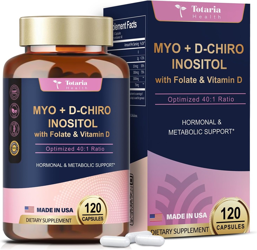 Totaria Inositol Supplemento per le donne con vitamina D3, Folate, 40:1 Ratio Myo-Inositol 3000mg & D-Chiro Inositol 75mg Complesso, Vitamina B8 Integratore Inositolo per Capelli Donna, Unghie, Salute Della Pelle