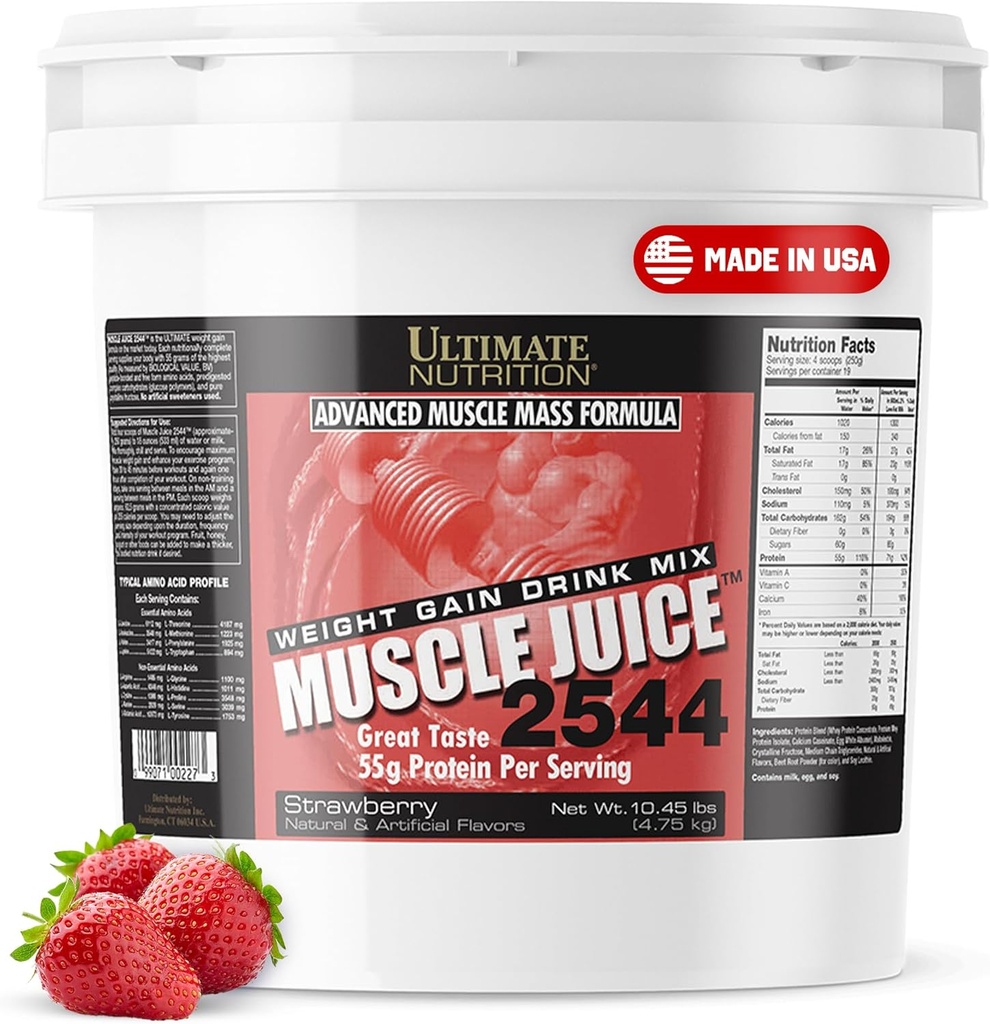 Ultimate Nutrition Muscle Juice, Weight Gain Drink Mix - Polvere di allenamento Mass Gainer per gli uomini e le donne - Supplemento per la crescita muscolare magra e supporto immunitario con 55g Protein - Fragola, 10.45lb
