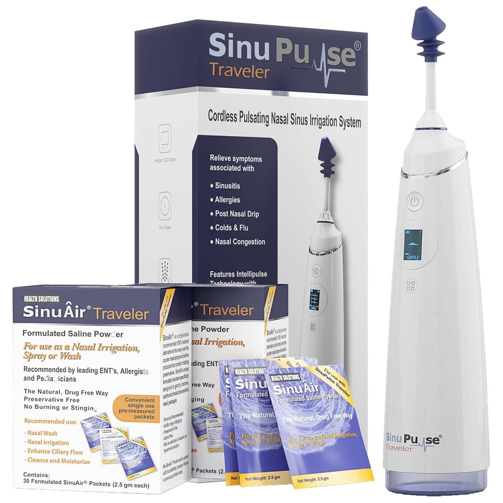 SinuPulse Traveler con 90 pacchetti Sinuair - Pulsante senza cordone Irrigazione nasale Sinus Rinse System, Risparmio spazio Cleaner & Relief Machine per il viaggio, Più efficace di Neti Pot o Nose Spray Bottiglia