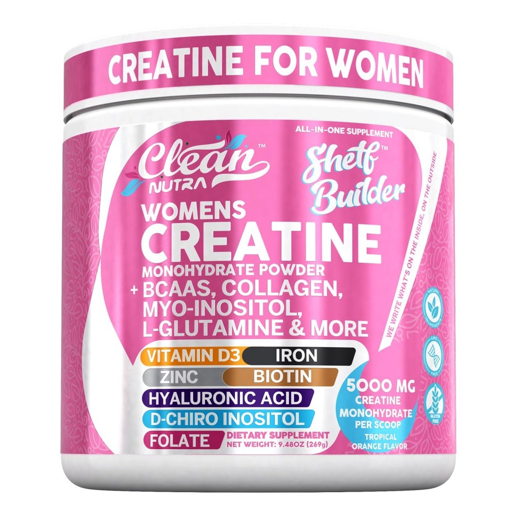 Creatina per le donne | Creatina monoidrato + BCAA polvere Myo-Inositol Collagen Biotin Acido ialuronico Folate L Glutamina Vitamina D3 Iron Zinc D-Chiro-Maca Digestion Shelf Builder by Clean Nutra
