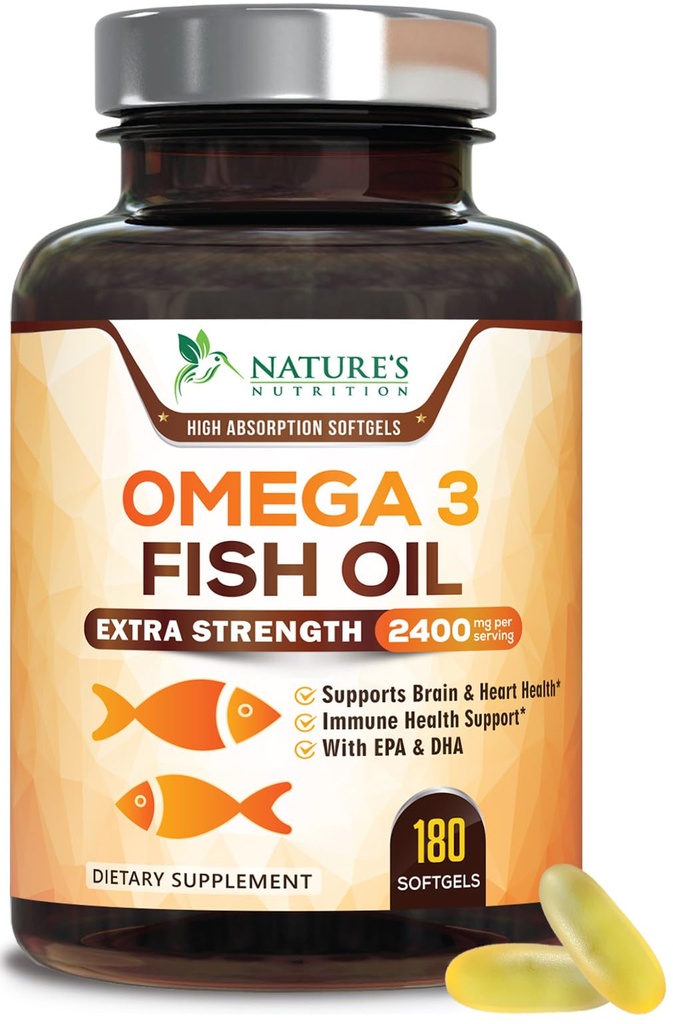 Omega 3 Fish Oil 2400 mg – Triple Strength EPA & DHA acidi grassi per il cuore, il cervello e il supporto comune – Wild-Caught, Burpless, Lemon Flavor Supplement – Naturale, Non-GMO, senza glutine – 180 Softgels