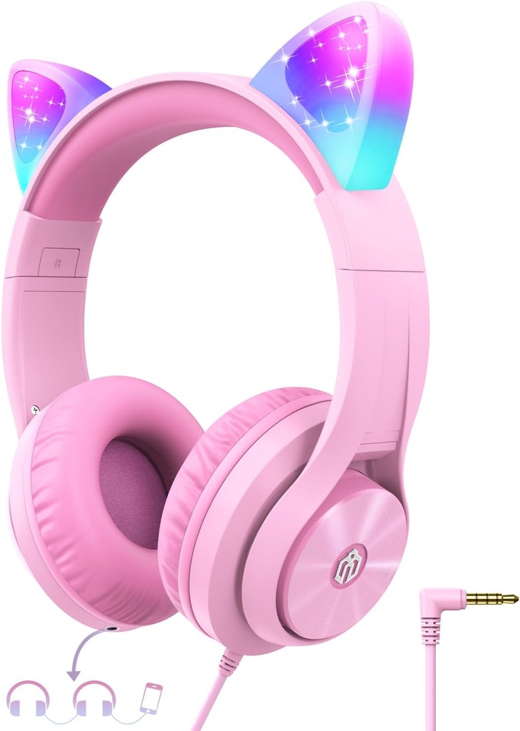 iClever Kids Cuffie con Cat Ear Led Light Up, Limite di volume sicuro, FunShare, Pieghevole, Cuffie Over-Ear per bambini per scuola/iPad/Tablet/Travel, Donut-Pink Meow