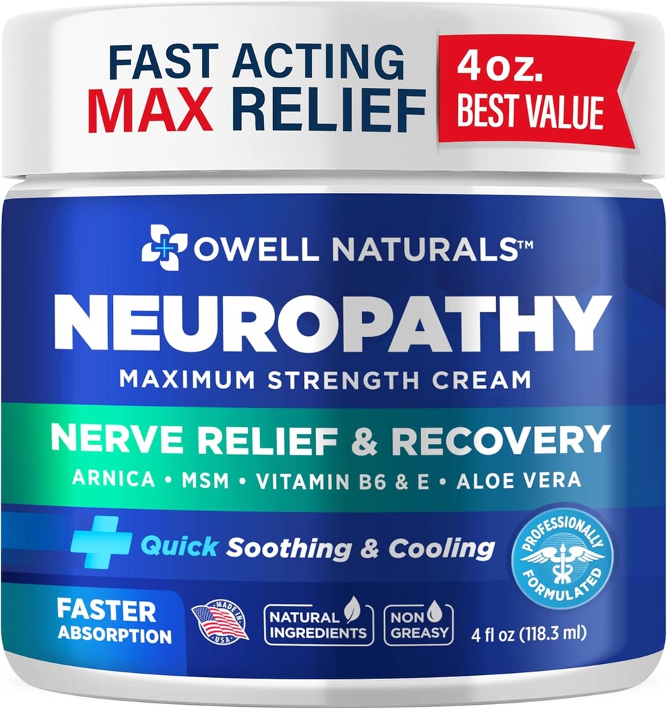 Owell Naturals Neuropathy Nerve Relief Cream, Massima resistenza, Greaseless, Ingredienti naturali Arnica, Aloe Vera, MSM, Vitamina B6 per Piedi, Mani, Gambe, Toes Discomfort, 4 Fl Oz (Pack of 1)