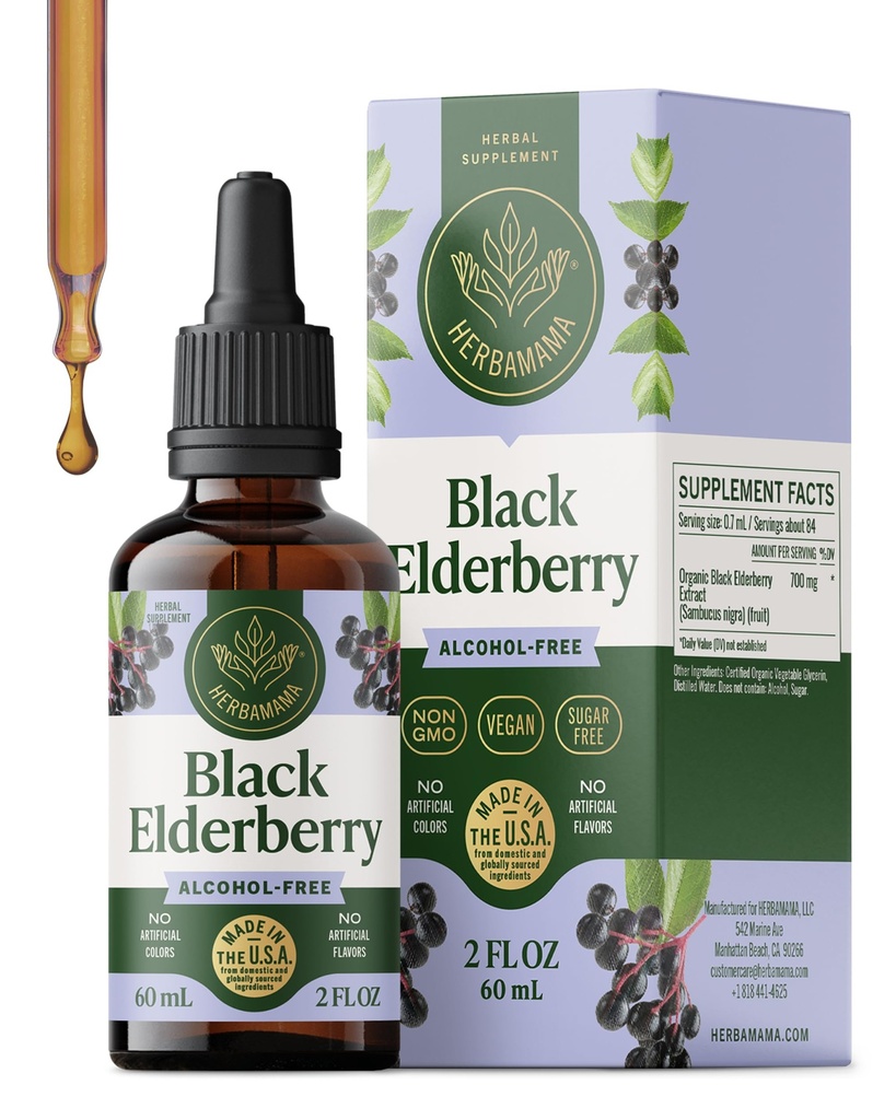HERBAMAMAMA Gocce di sambuco nero - Estratto di liquido di sambuco vegano per il supporto immunitario - Non-GMO, Alcol e Supplemento di immunità senza zucchero, alimentazione di 21 giorni