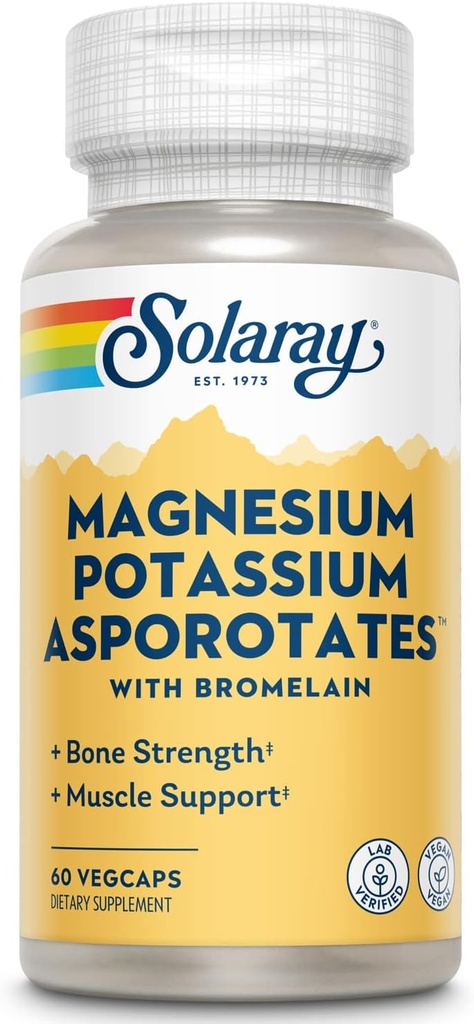Solaray Magnesio e Potassio Asporotates w/Bromelain, Elettrolita sano, Muscolo, Cuore e Supporto cellulare, 60 VegCaps