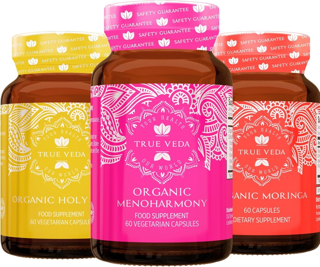 True Veda Menopause Bundle USDA Organic | Multi-Award-Winning | Organic Moringa | Organic Holy Basil con Vitamina B6 | Capsule di MenoHarmony Organici