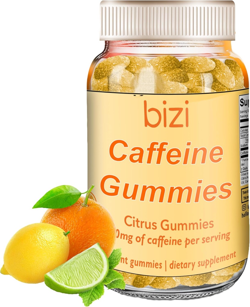 Bizi Caffeine Gummies per uomini e donne, Integratore di energia per aumentare la concentrazione, Caffeina Gummies per adulti, 30mg Caffeina per pancia, Citrus Flavor (60 ct)