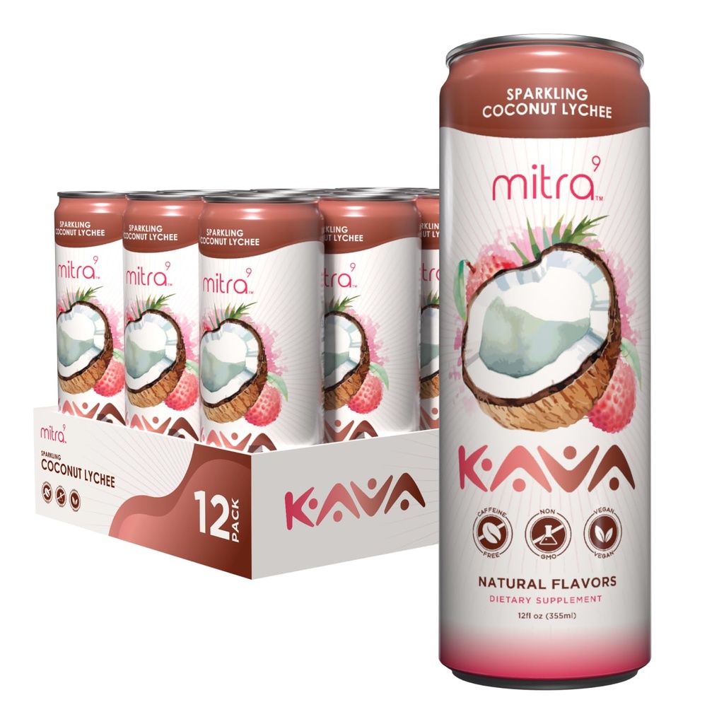 MITRA-9 Bevande botaniche - Lichee di cocco Spumante Kava Bere con Kava Root Extract - Mood Enhancer - Plant Based - Promuove Natural Calm & Clarity (12 Fl. Oz) (12)