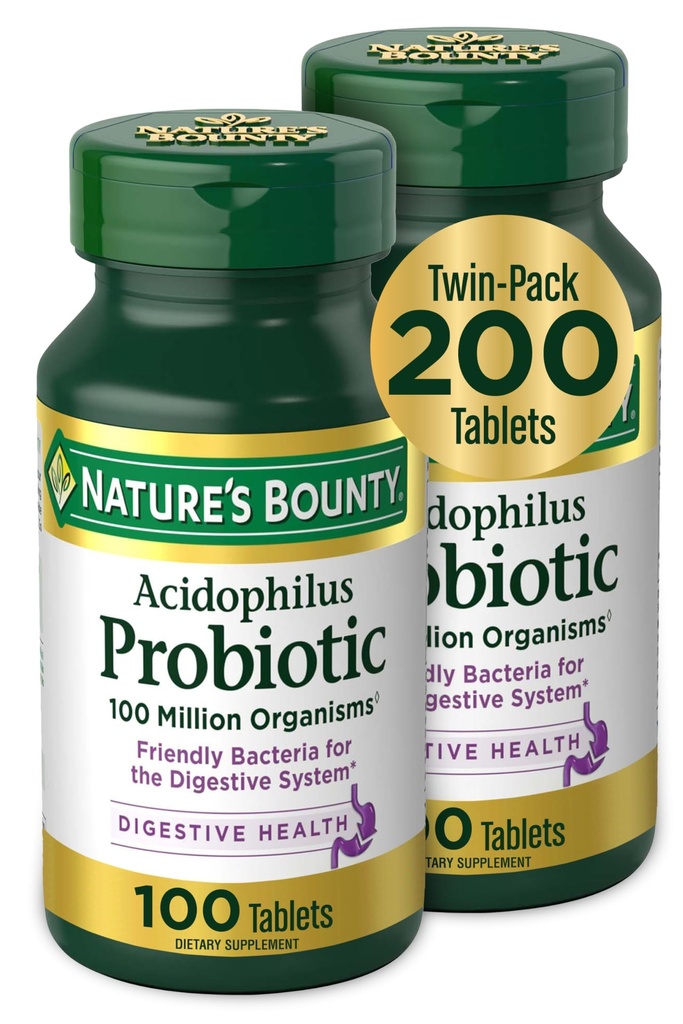 Probiotico di Bounty Acidophilus della natura, supplemento probiotico giornaliero, salute digestiva, 200 compresse, doppio pacchetto