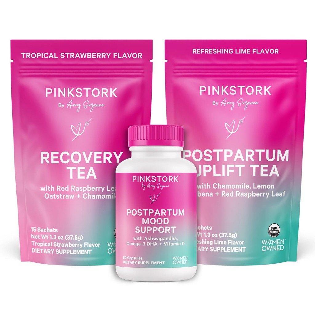 Pink Stork Postpartum Essentials Kit – Equilibrio dell'ormone, Recupero & Mood Supporto per le nuove mamme – Vitamine postnatali Ashwagandha + Tea a base di erbe per lo stress sollievo, energia, sonno – Set regalo – Vegan, Organic