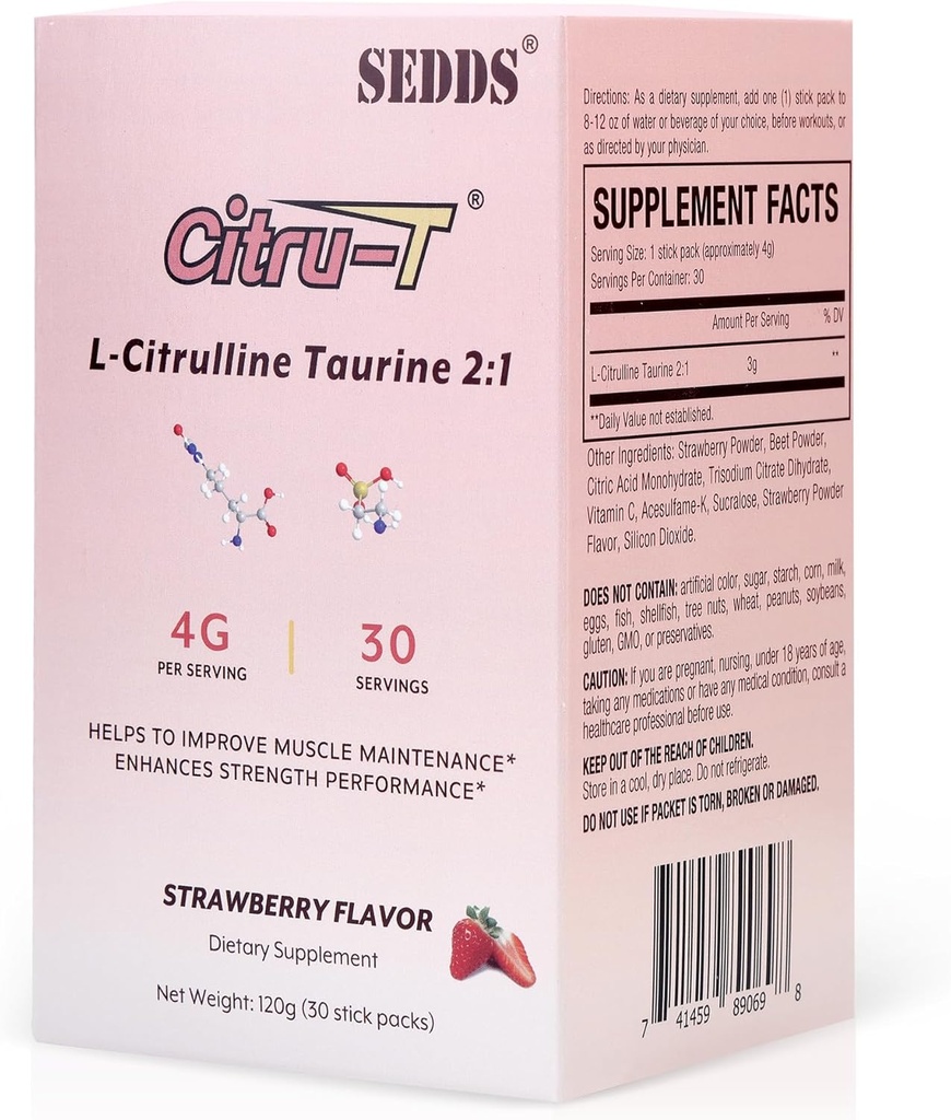 L-citrullina Taurina 2:1, Strawberry-Flavored L Citrulline Polvere Citrullina Supplementi, Vegan Taurina Polvere, Caffeina Free, Gluten Free, 30 Pack