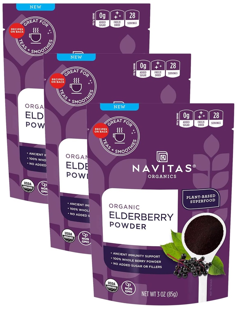 Navitas Organics Elderberry Powder, 3oz Bag, 28 Serve — Organico, Non OGM, 100% intero polvere di sambuco per il supporto immunitario (Pack of 3)