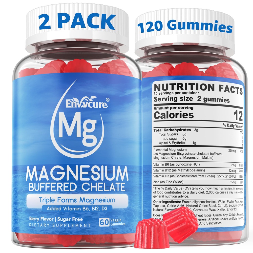 Magnesio Gummies - Triple Magnesium Complex, Magnesio Glycinate Gummies | Magnesio Glycinate, Malate, Citrate w/ D3 B6 B12, per calma, sonno e crampi muscolari | Alto assorbimento | Vegan, 2 Pack