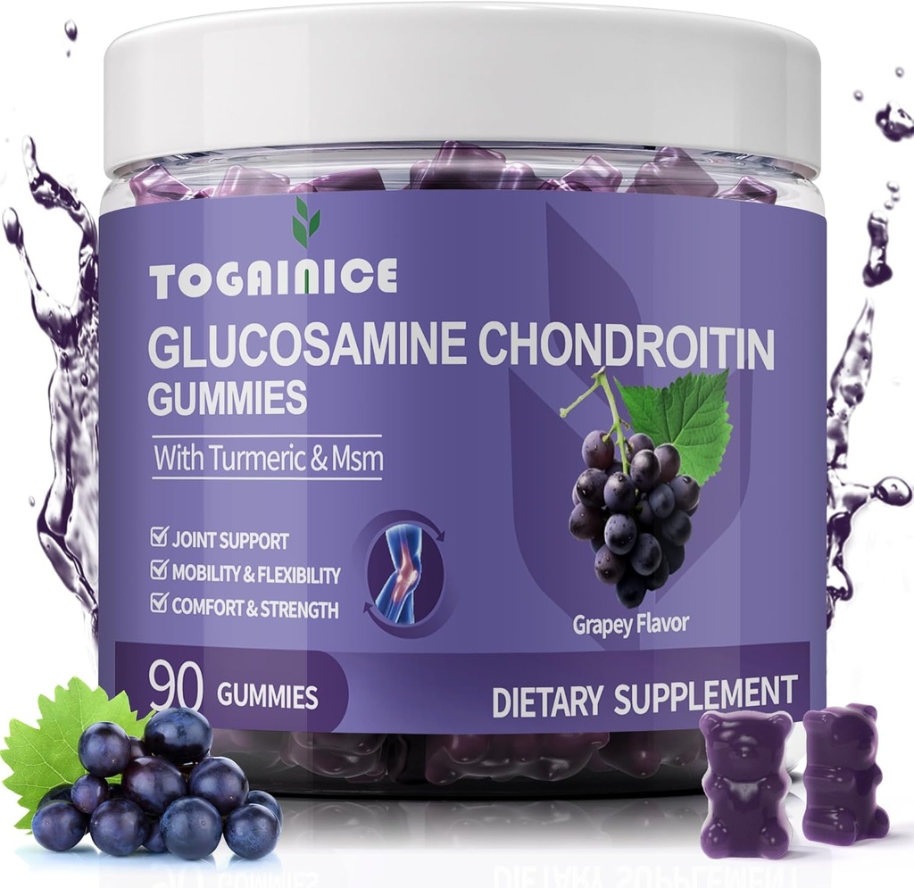 Glucosamina Chondroitin Gummies Zucchero Libero,Extra Strength 1500mg Glucosamina con MSM & Turmeric, Support Gummies Integratori per Uomini & Donne, per Flessibilità Joint & Bone Salute, 90 Conte V01