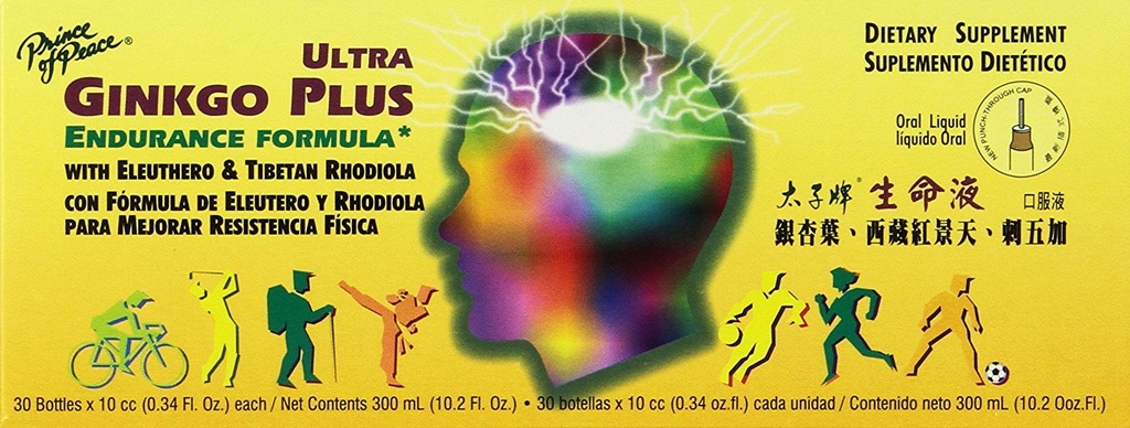 Prince of Peace Ultra Ginkgo Plus, 30 Bottiglie, 0,34 fl. oz. Ogni – Integratore Boost del cervello – Supporto per stili di vita attivi – Ginkgo Biloba per la resistenza