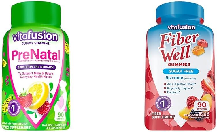 Vitafusion PreNatal Gummy Vitamine, Lampone Limonata aromatizzata, Vitamine di gravidanza per le donne e fibra Bene Zucchero Fibra gratuito Supplemento, Peach, Fragola e BlackBerry aromatizzati