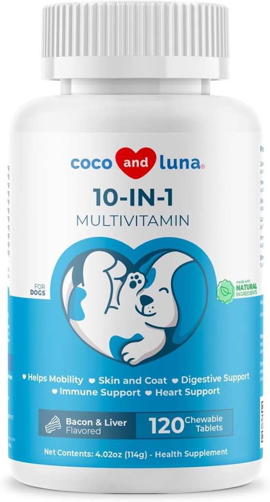 10 in 1 Multivitamina per cani - 120 compresse masticabili con Glucosamina e Condroitina - Olio di pesce e vitamine con Coq10 per la salute della pelle e del cuore, Gut & Supporto immunitario