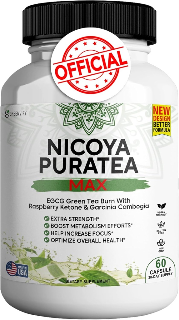 Nicoya PuraTea Max Green Tea Extract & Green Coffee Bean per il supporto Metabolismo, Natural Energy Boost, Antiossidante-Rich Supplement – 60 capsule