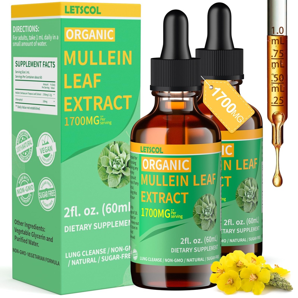Gocce di Mullein organico per la pulizia polmonare, potente 1700mg Estratto di foglie di Mullein per il supporto immunitario e respiratorio, Natural Mullein Supplement Tincture Drops Non-GMO & Vegan, 2 Fl Oz