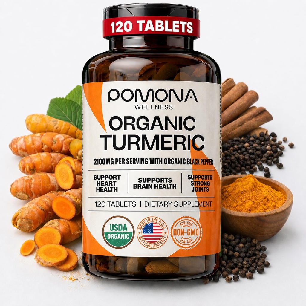 Pomona Wellness Organic Turmeric Supplemento 2100 mg, USDA Organic, Non OGM, Vegan, Curcumina Turmerica con Pepe Nero per l'assorbimento, per il supporto e l'immunità congiunti, 120 compresse
