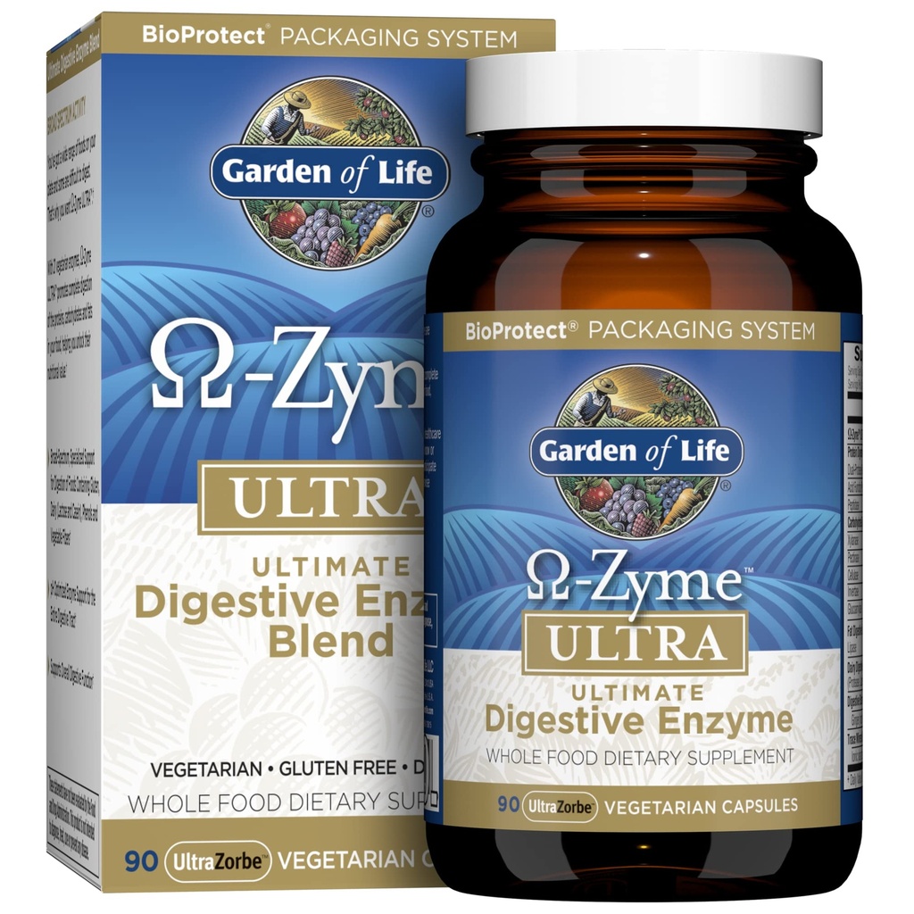 Giardino della vita 21 Enzimi digestivi potenti con Papain, Bromelain, Lipasi, Plus Ginger e Turmeric - Omega-Zyme Ultra, Enzimi per la digestione Integratore alimentare, Vegetariano, 90 Capsule
