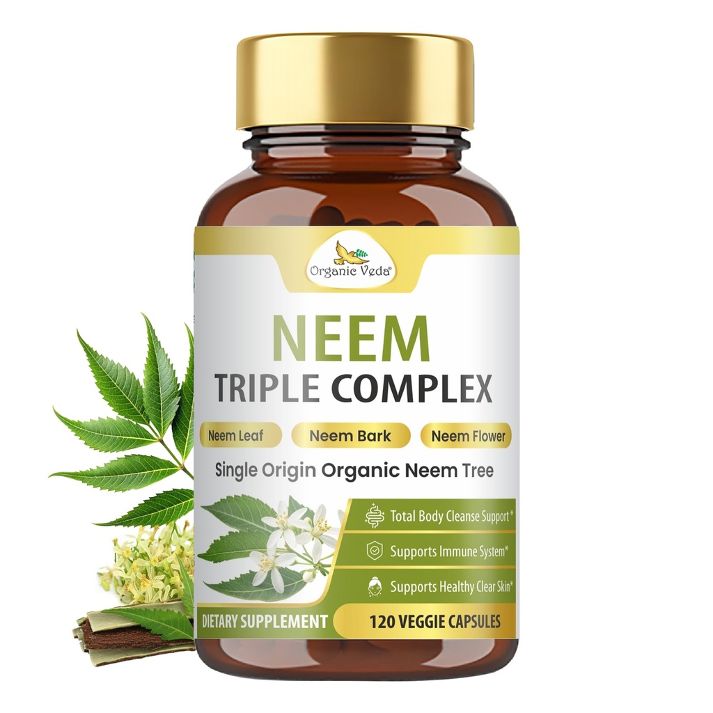 Estratto di foglie di Neem di Veda Organico con triplo complesso Neem, Bark & Flower - Integratore di erbe aumenta l'immunità, migliora la digestione, la salute della pelle & la pulizia di supporto - 120 Conte