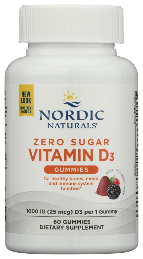 Nordic Naturals Zero Sugar Vitamin D3 Gummies, Wild Berry - 60 Gummies - 1000 IU Vitamin D3 - Great Taste - Sane Bones, Mood & Immune System Function - Non-GMO - 60 Serve