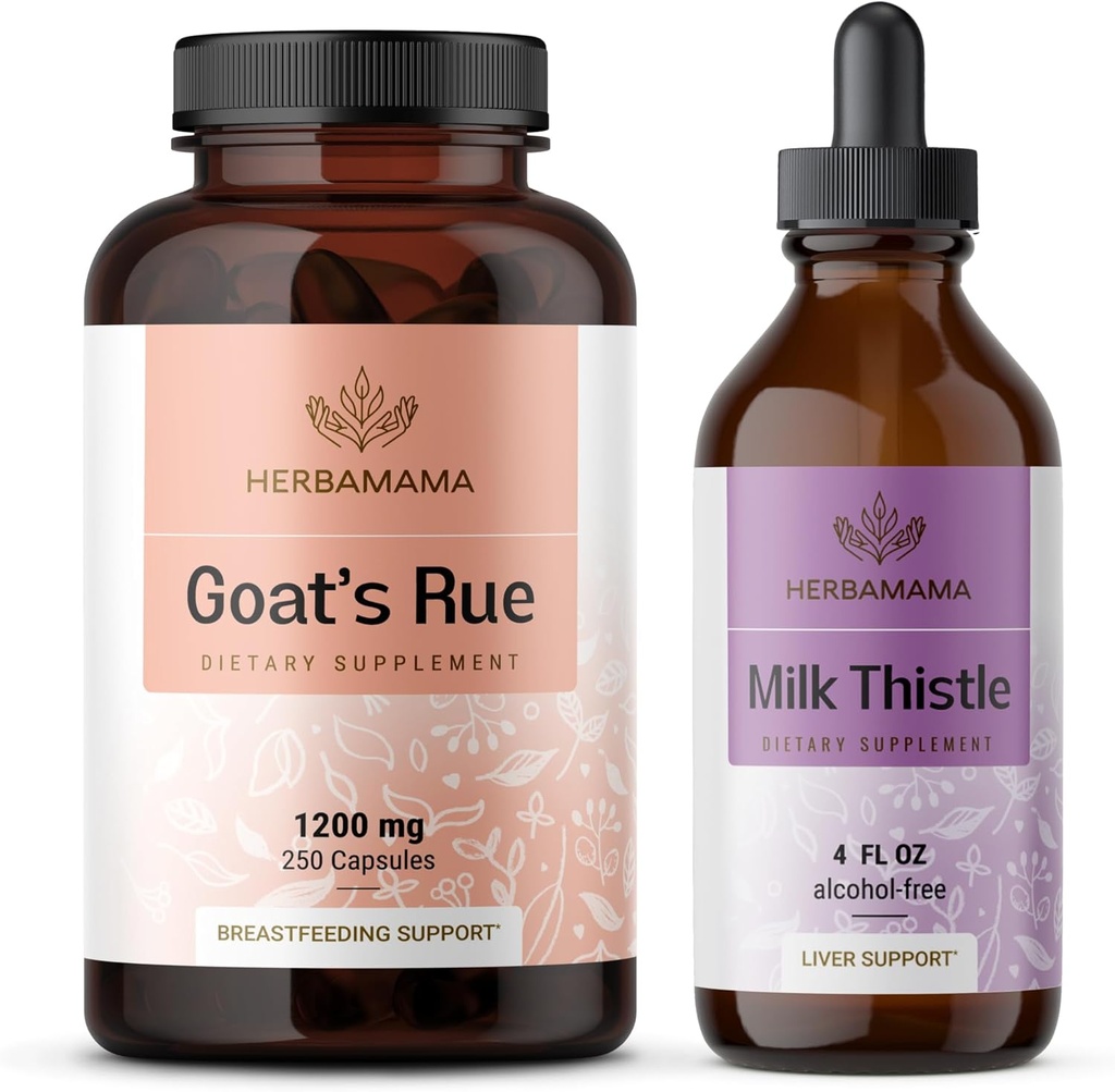 HERBAMAMA Goat's Rue and Milk Thistle Kit - Bundle di 1200 mg Goat's Rue Capsules & Milk Thistle Liver Detox Drops 4 fl oz - Vegan, Non-GMO, Sugar & Alcohol-Free - 2 Pack