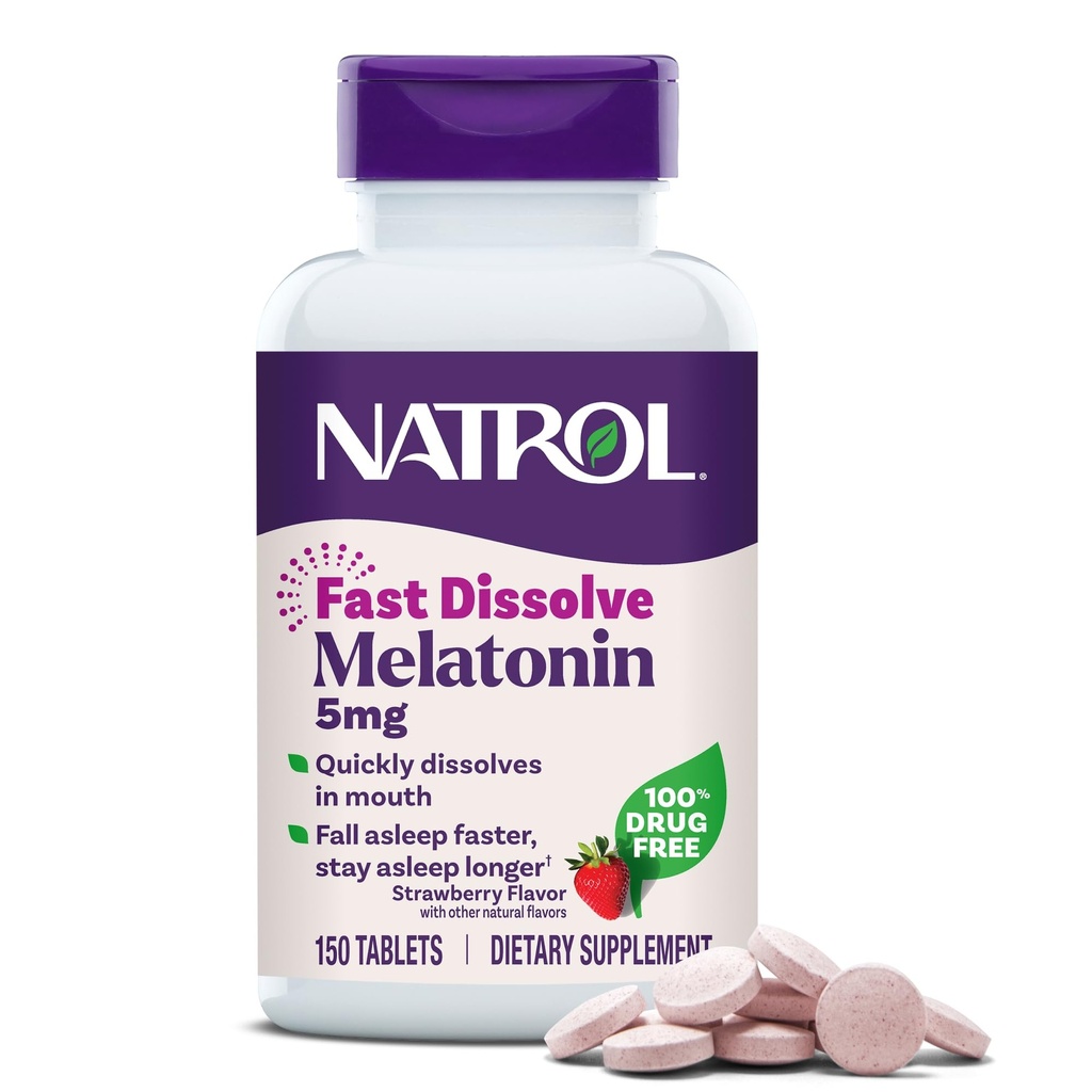 Natrol Melatonin 5mg compresse dissolve veloci, integratori di sostegno del sonno per adulti, aroma di fragola, 150 compresse, fino a 150 giorni di alimentazione